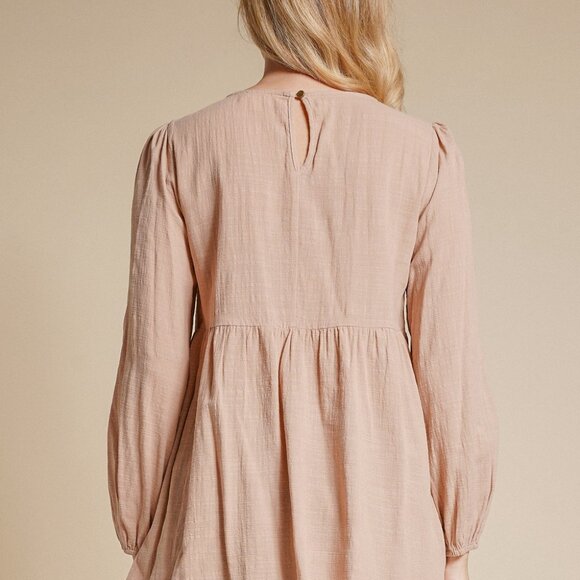 HEM & THREAD Tan Embroidered Peasant Blouse, Boho Floral Long Sleeve Top, Flowy - Picture 3 of 7